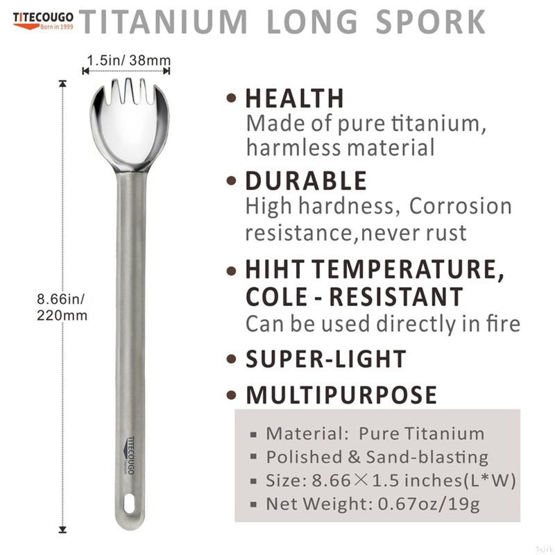 TITECOUGO Titanium Spork, Camping Long Spork Titanium Multitool Lightweight Camp Outdoors Hiking Travel Convenient Picnic Spoon Fork for Men Women Portable Flatware 2 pack - Image 2
